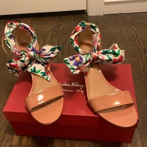 Ferragamo blush patent leather sandals size 9.5 with 2 inch heel